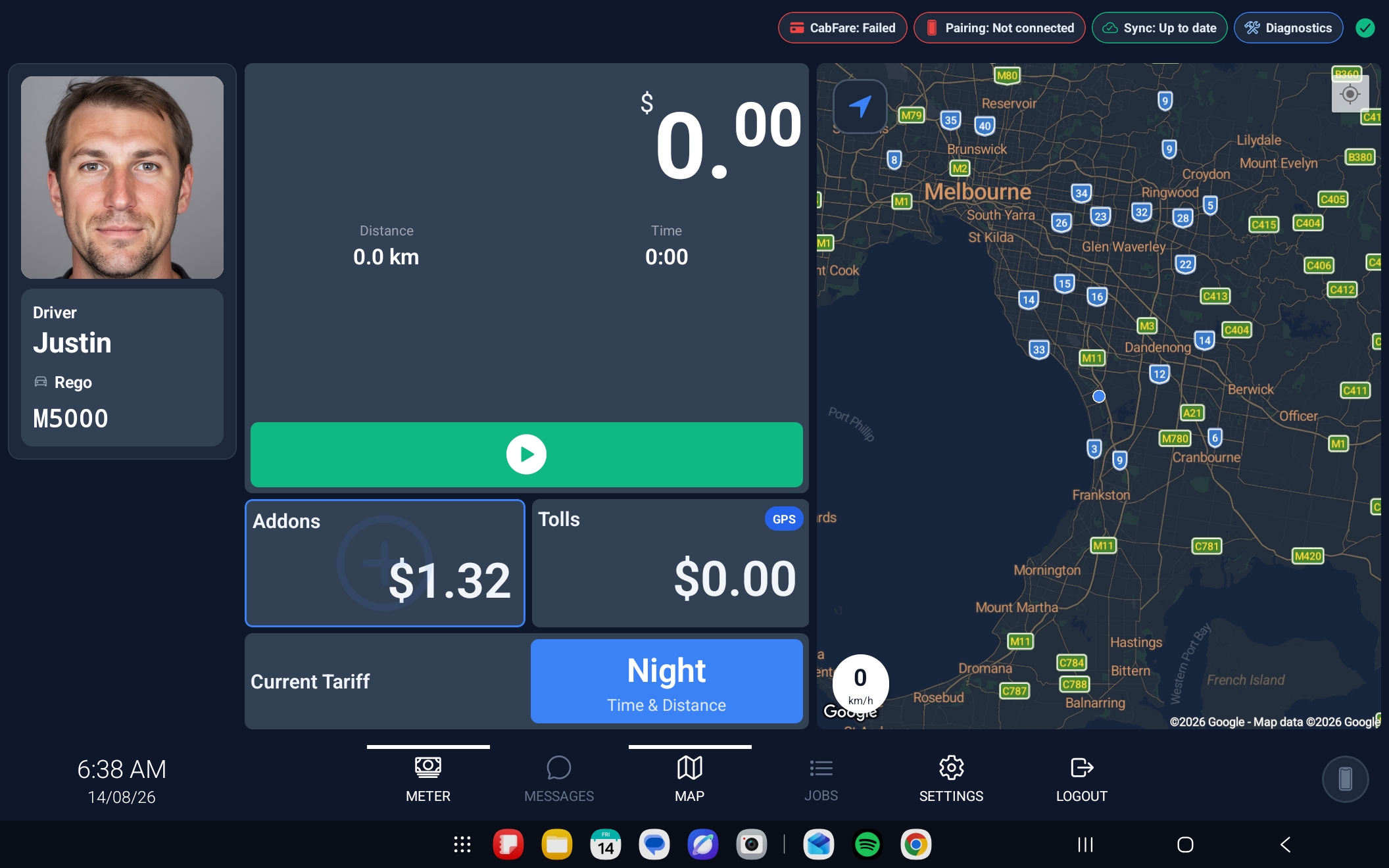 TaxiPro driver app — meter screen